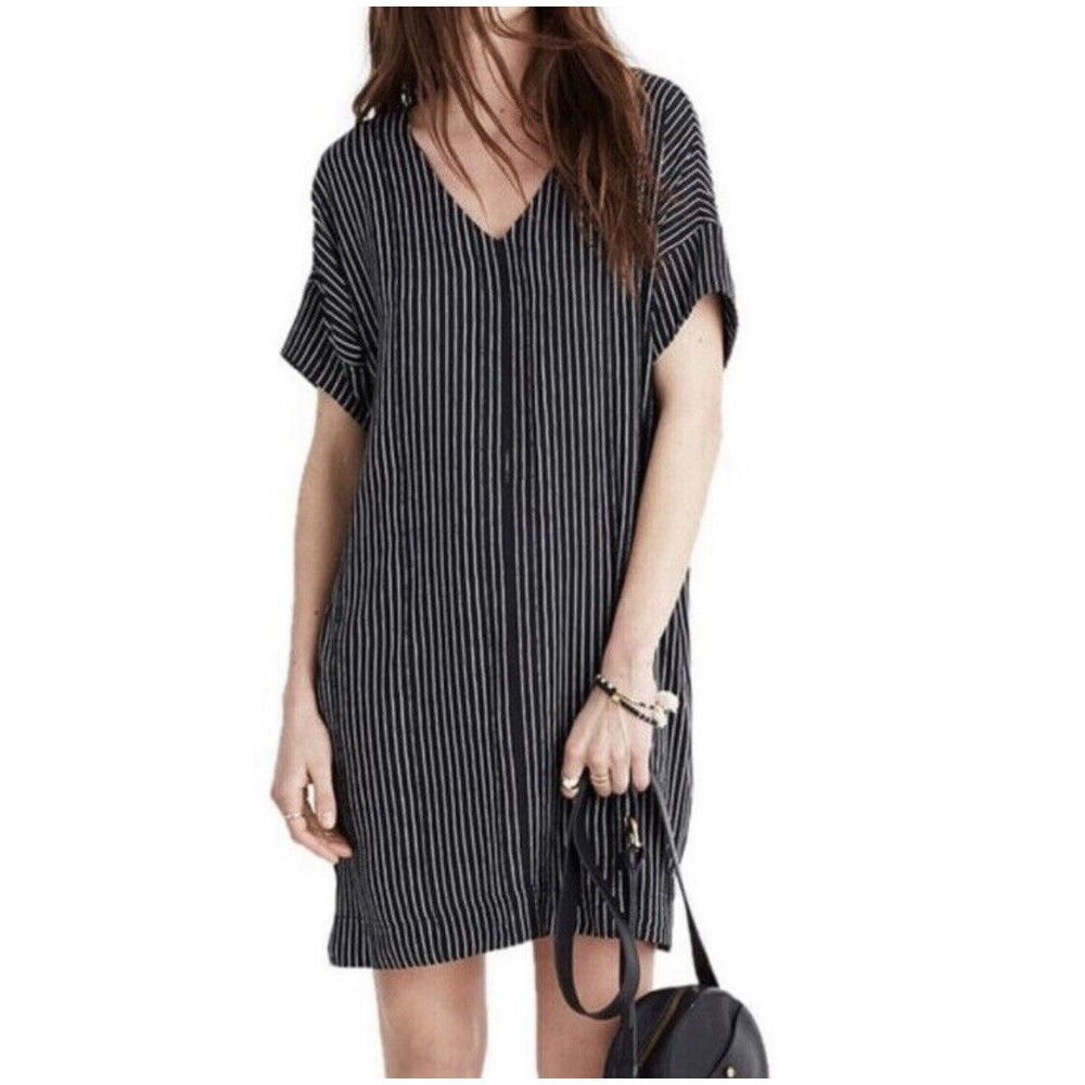 Madewell Novel Shift Dress in Chalkboard Stripe V-Neck Black‎ White Size Small